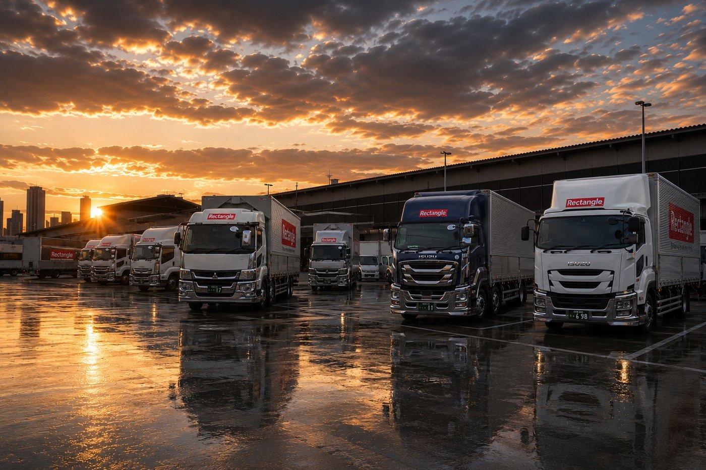 夕暮れの車庫に並ぶ車両